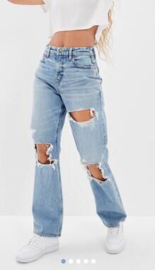 American Eagle Curvy Straight Leg Destroyed Ripped Jeans High Rise Size 8